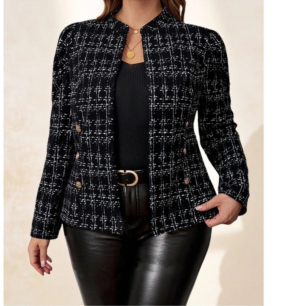 Plus Classic Plaid Button Detail High Collar Jacket Coat 1X 2X 3X 4X
